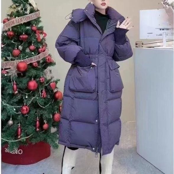 韓国製ミドル丈ダウンジャケット 大きなポケット付き レディーススタイル 2025 膝上ウエスト スリムフィット オールマッチ 厚手 冬 アウター