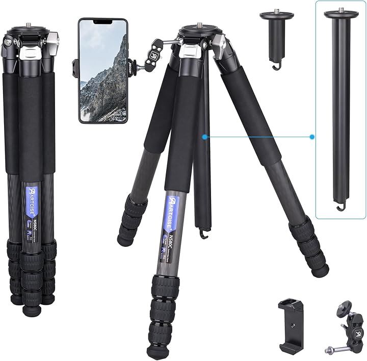 コンパクトカーボン 三脚 32mm管経 ファイバートラベル カメラ 最大高さ168cmアクセサリー穴 スマホクリップとマジックアーム付き DSLR/一眼レフ/ビデオに適用 耐荷重20キロ