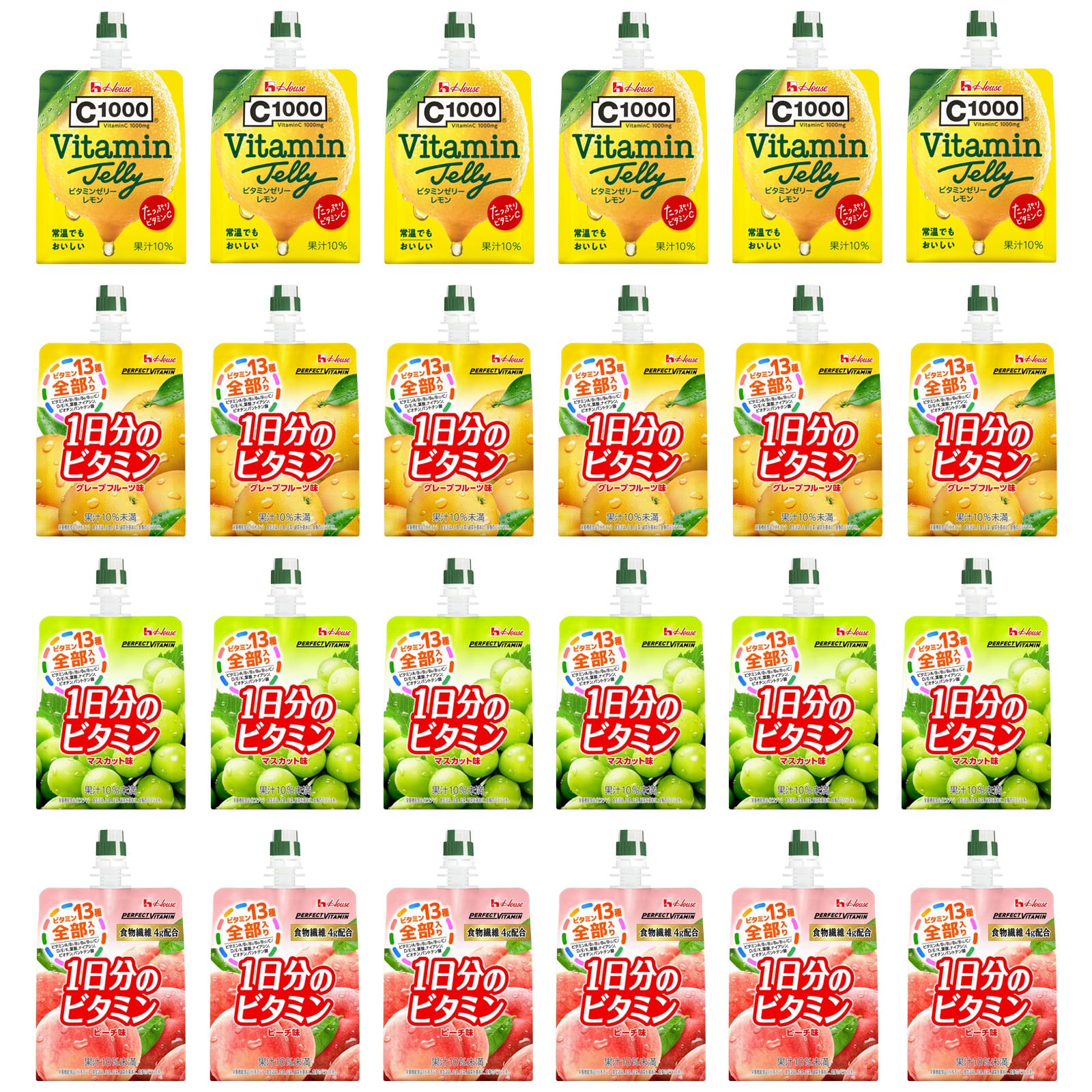 【Amazon.co.jp限定】 ハウスウェルネスフーズ ゼリー With セット （レモン×6袋グレープフルーツ×6袋マスカット×6袋ピーチ×6袋）各180g 計24袋 6,210円