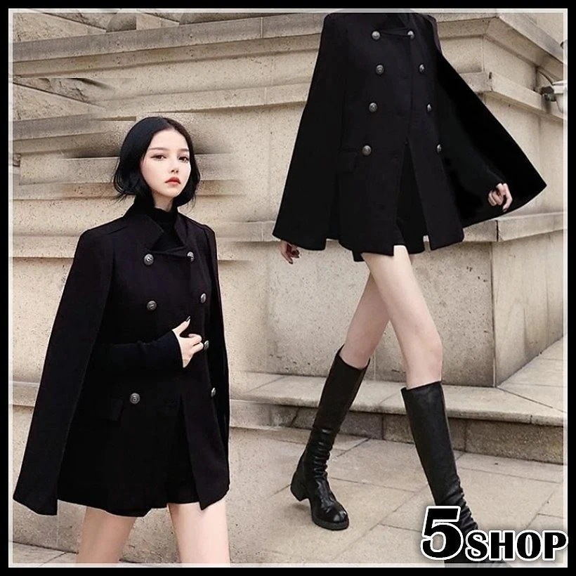 ブラック マント コート 気質 おしゃれ 服 着 防寒 暖かい マントウールコート