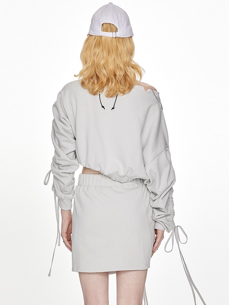 オフショルダー ショート スウェットシャツ ドローストリング ルーズスリーブ