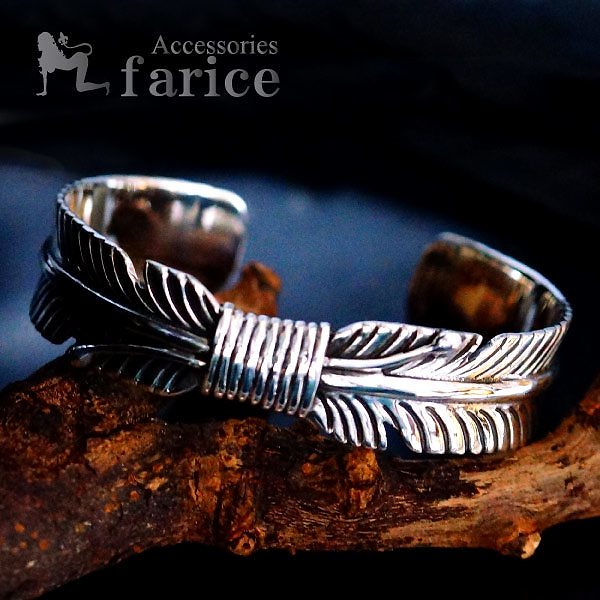 2イーグルフェザー(鷲の羽)ラウンドデザイン ロープ(縄目)ワンポイント装飾 メンズ インディアンジュエリー シルバー925 バングル ブレスレット