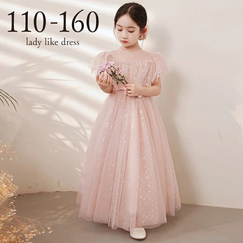 女の子 ワンピース ドレス 子供 キラキラドレス シェルピンク 半袖 ウェストリボン スパンコール付き フォーマル ピアノ 発表会 パーティードレス フォーマルドレス ロングドレス チュール 結婚式