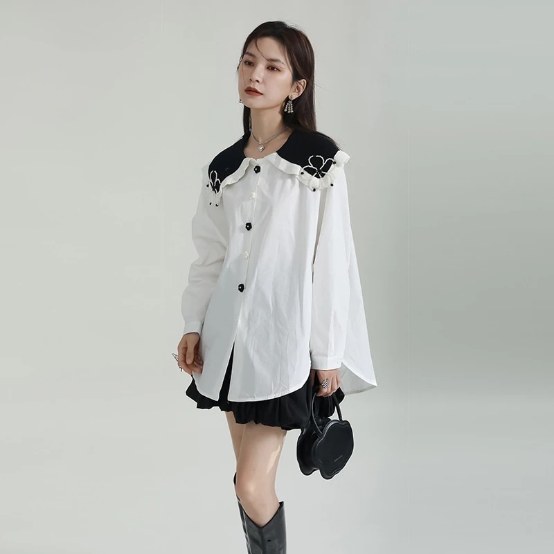 【J.Fashion】 可愛ブラウス 付け襟 小柄 フリル レディースブラウス レディース シャツ 花柄 リボン 長袖 オフィス 韓国 体型カバー 日焼け止め メガ割30%までに制限