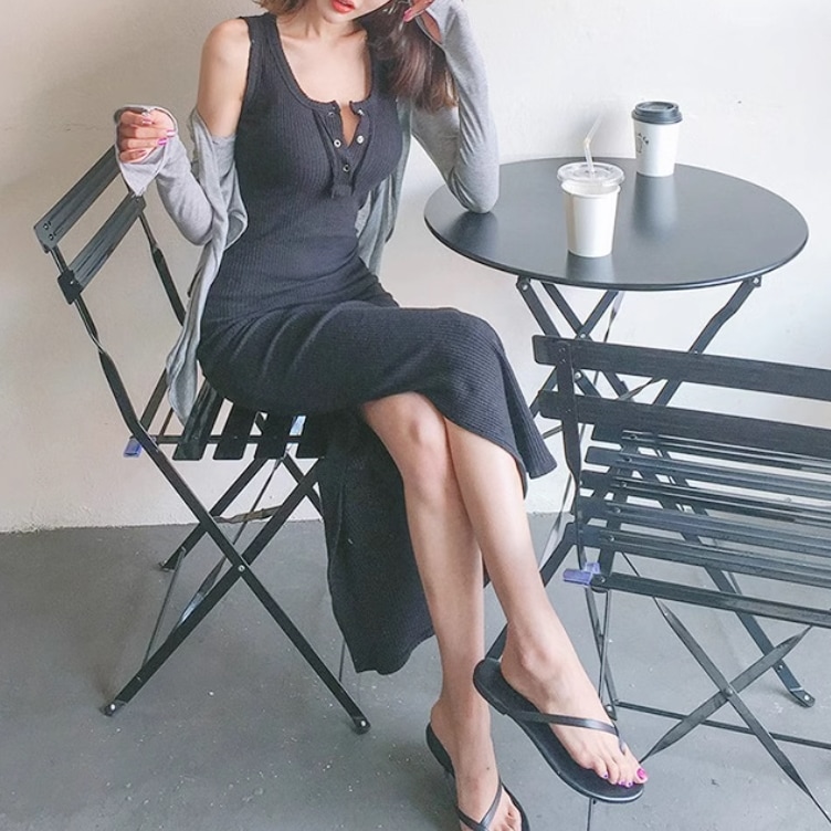 レディース スカート ワンピース タイトスカート ロングスカート ロング 袖なし ノースリーブ ボタン タイト スリム 細身 スマート スリット サイドスリット ハイウエスト 伸縮性 ストレッチ