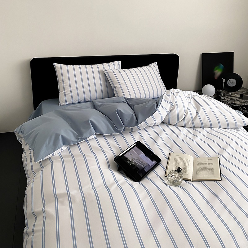 韓国風綿100プリント4点セットピュアコットンストライプB&Bシーツと布団カバー3点寝具セット