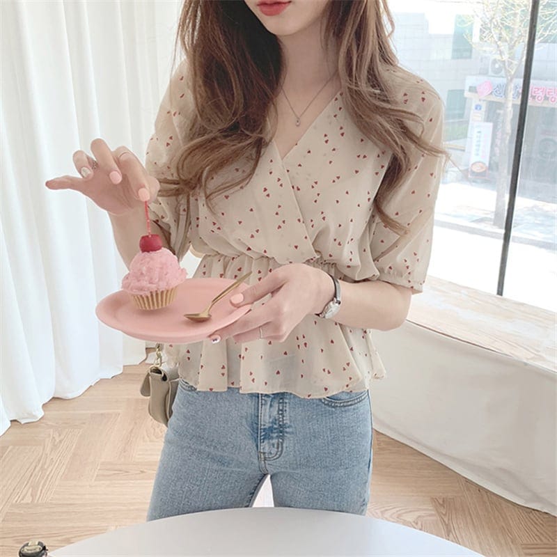 トップス ブラウス ショート丈 袖あり 半袖 カシュクール フレア シフォン かわいい 大人可愛い きれいめ シンプル カジュアル 大人 上品 おしゃれ お洒落 レトロ 大人可愛い 大人女子 wto0