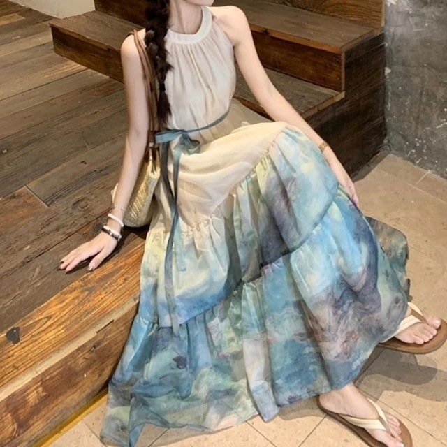 【限时折扣】25 韓国ワンピース ドレス ホルターネック ノースリーブ ロング丈 Aライン ゆったり 細見え 青 ブルー きれいめ おしゃれ かわいい 韓国ファッション レディース お