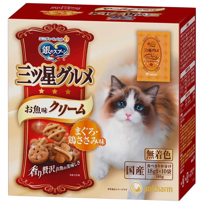 （まとめ買い）銀のスプーン 三ツ星グルメ お魚味クリーム まぐろ/鶏ささみ味 180g 猫用フード [x12]