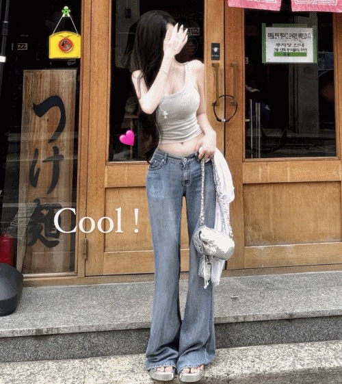 ゆらゆら スリムフィット 薄い*クーリング*ワイドパンツ - 3size / 背の高い女おすすめ* 高クオリティ * 夏 テンセル スリム デニムパンツ ジーンズ ブーツカット ローライズ 中青 ライ