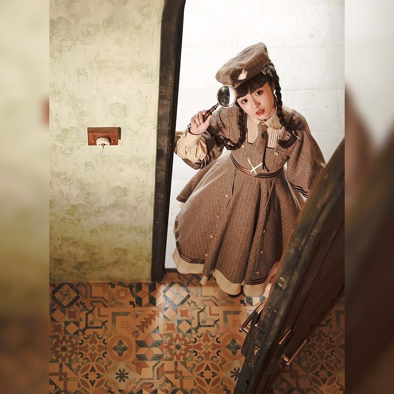 ロリータドレス理由時代の秋と冬の新しい気質レトロ探偵ツイードワンピースロリータ