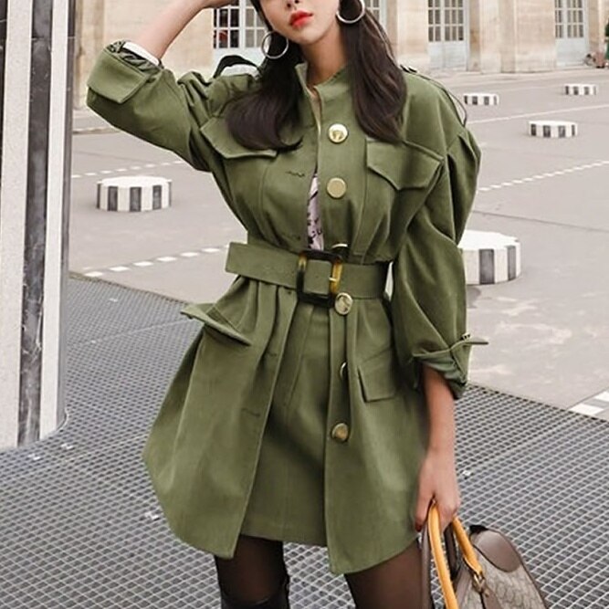 トップス ジャケット スカート ミニスカート 上下セット セットアップ ツーピース レディース 春 秋 カジュアル 長袖 膝上 ベルト ウエストマーク ポケット ボタン 前開き グリーン カーキ 秋カ