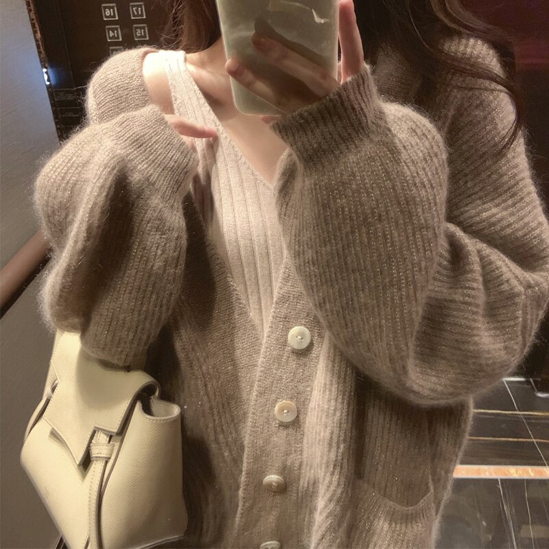 3色 トップス ニット カーディガン レディース 秋冬 かわいい ゆったり 長袖 パフスリーブ ランタンスリーブ Vネック 襟なし ノーカラー 裾ワイド もこもこ ふわふわ リブニット 伸縮性 グレー