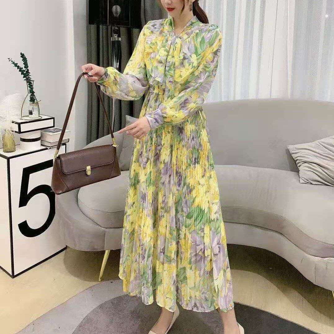 ワンピース ロング丈 ロング ロングスリーブ 長袖 フラワー 花柄 プリント プリーツ パフスリーブ