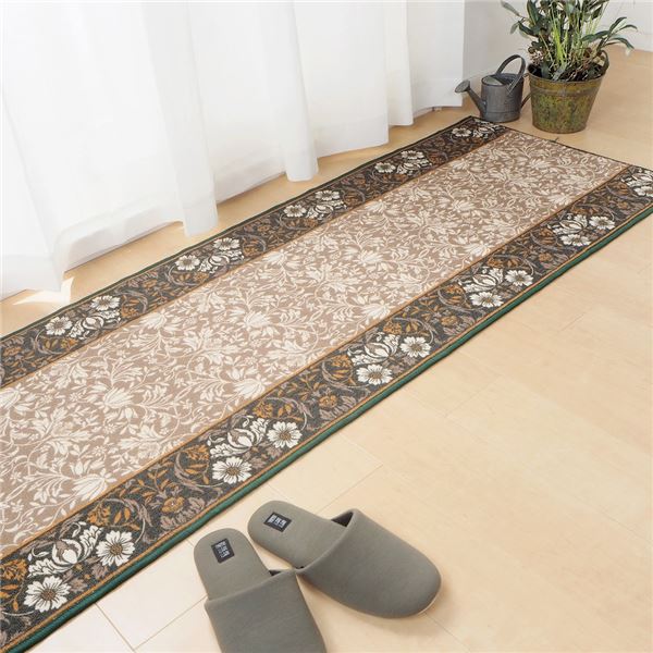 廊下カーペット/キッチンマット 約67340cm グリーン 洗える 防滑 防キズ加工 高耐久性 エレガンス 玄関 台所