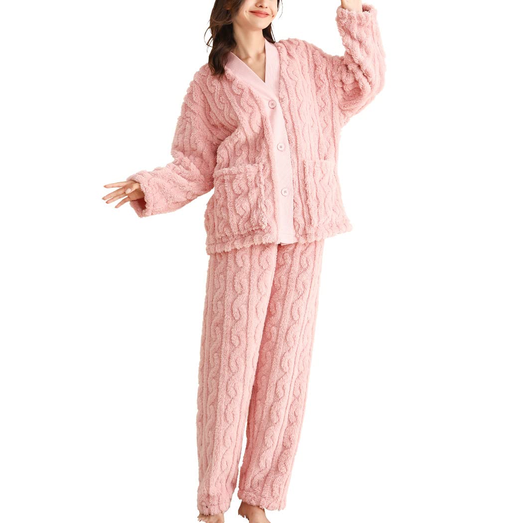 [Teddy] ルームウェア レディース 冬 もこもこ 防寒 2点上下セット 部屋着 ゆったり 中厚手 roomwear147 (ピンク, 2XL)