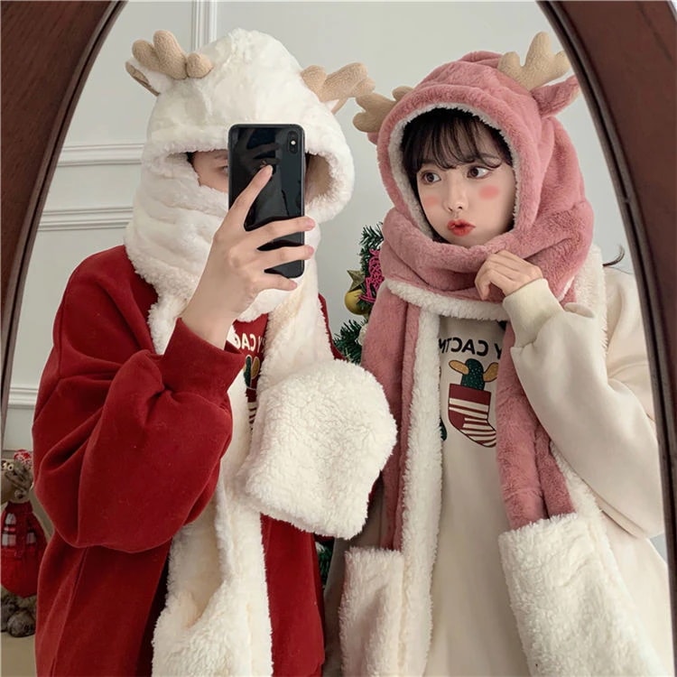 韓国ファッション 秋冬フード付き マフラービブぬいぐるみスカーフストールマフラーふわふわで可愛いもこもこボール厚