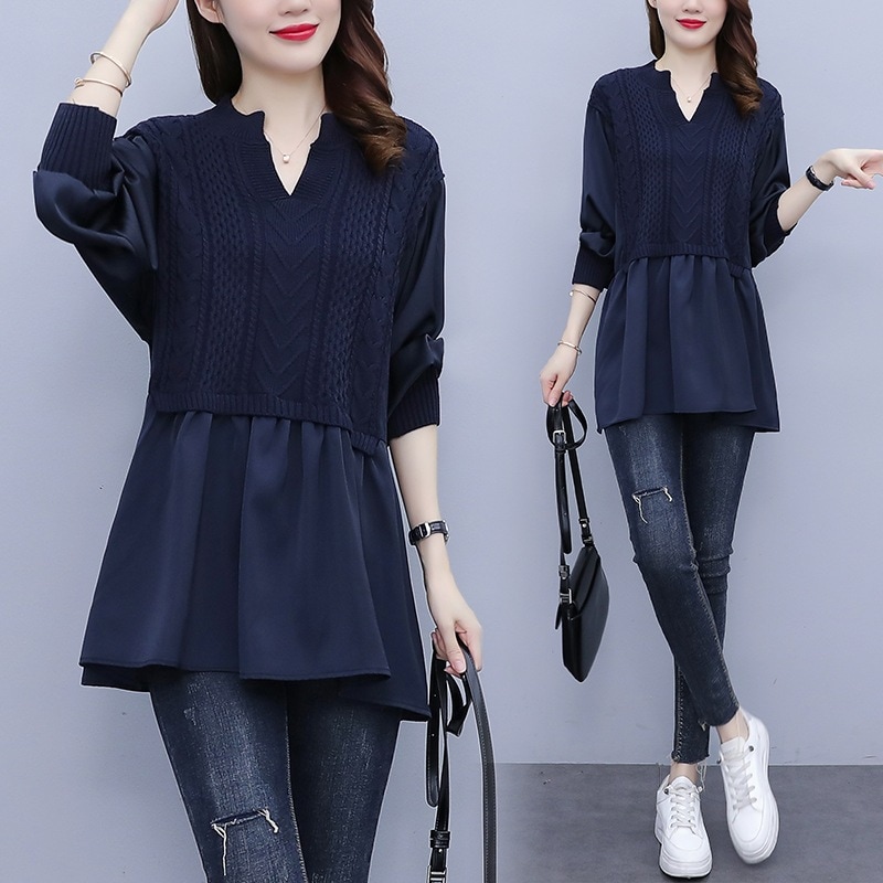 トップス カットソー ブラウス チュニック ニット ドッキング 異素材 ギャザー スキッパー ロング丈 体型カバー こなれ感 シンプル カジュアル きれいめ クール ふんわり袖 長袖 紺