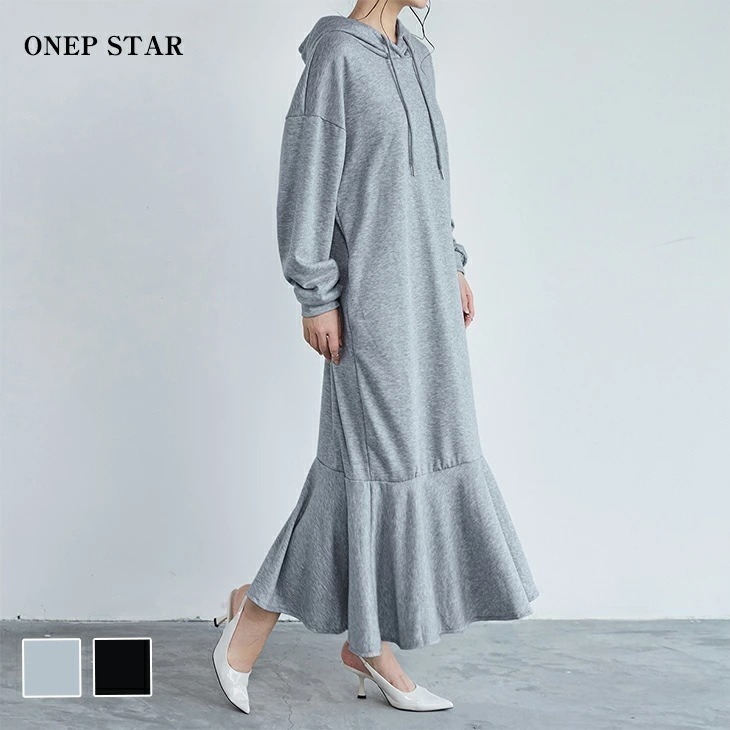 【在庫一掃】マーメイド パーカーワンピース フレア ロング 長袖 レディースファッション ゆったり 楽ちん オーバーサイズ 体型カバー マタニティ カジュアル コットン 綿 あったか 暖か ふんわり