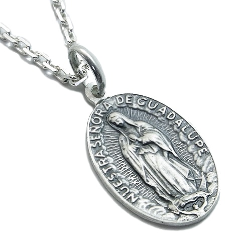 聖母マリアのメダイ マット いぶしシルバーネックレス(チェーン付きペンダントトップ