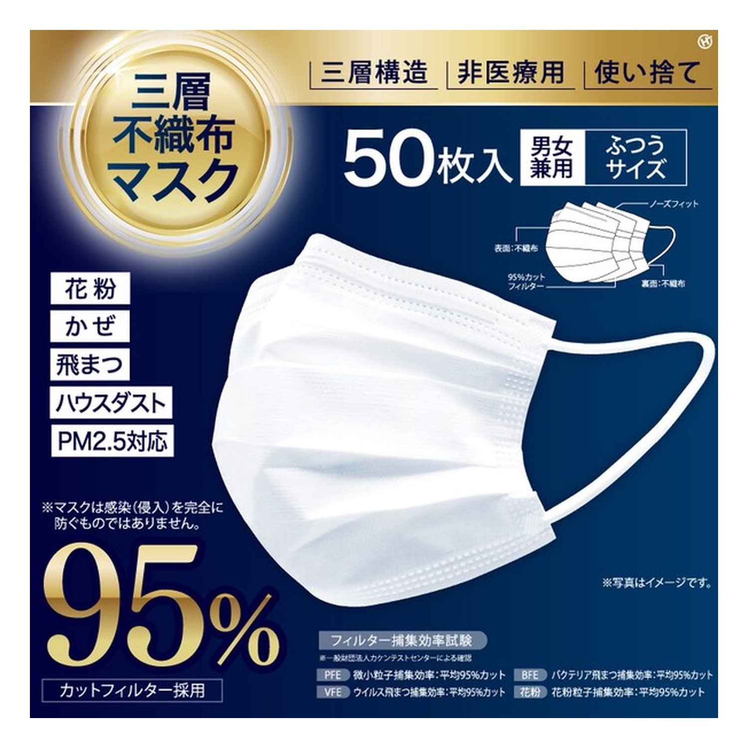 95%除去効果三層不織布白色マスク50枚セットと天板付き3段収納キャスターラック（ホワイト）のお得なセット