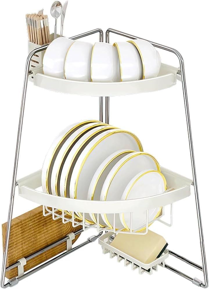 水切りラック 食器 シンク上水切りラック キッチン 食器乾燥 一人暮らし 収納 三角 シンク上ステンレス 台所 洗い物 食器置き 2人用 3人家族 3段(ホワイト, 30x50)