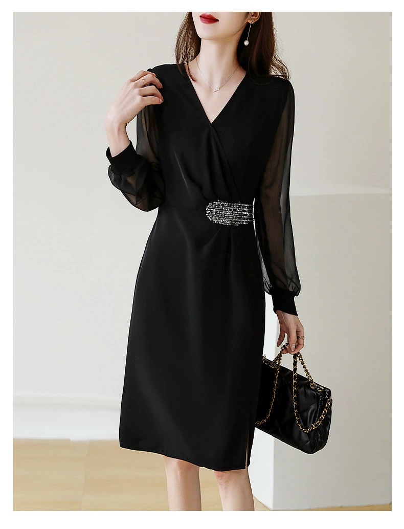 【急速出荷】ネックシースルー袖ワンピース 結婚式 二次会 パーティードレス レディース ミディアム丈 膝上 七分袖 パフスリーブ クルーネック 透け感 体型カバー 大人可愛い きれいめ フォ