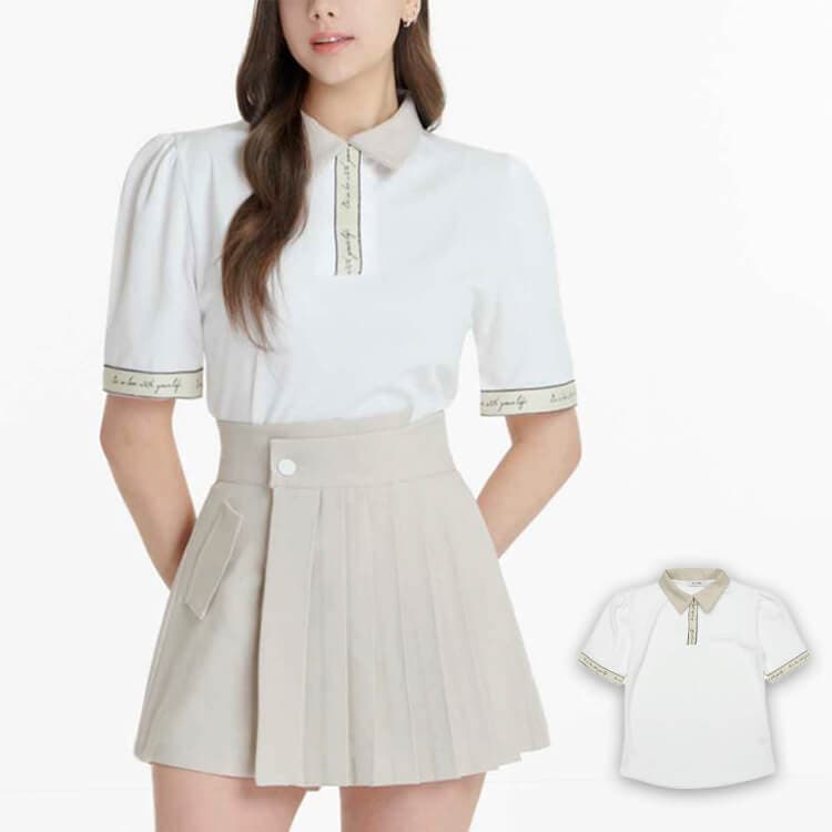 ゴルフウェア レディース 韓国 ポロシャツ 半袖 5分袖 Tシャツ トップス バイカラー 襟 ロゴ レタリング 配色 上品 フェミニン エレガント