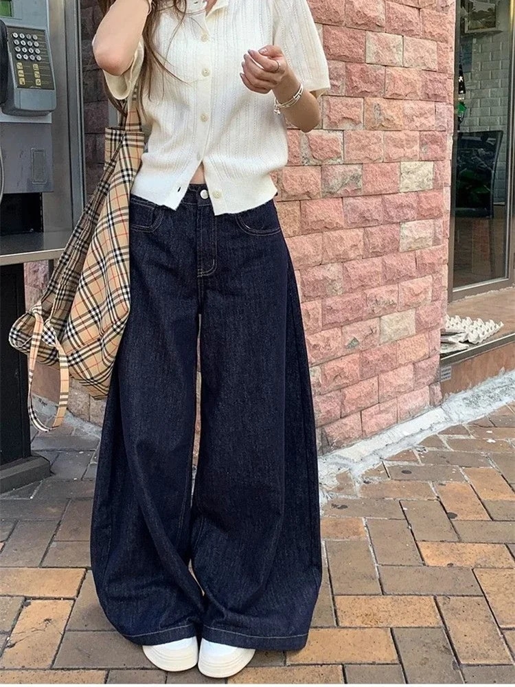 レディースカジュアルストレートデニムパンツ ディープブルー ルーズフィット ワイドレッグ ハイウエスト