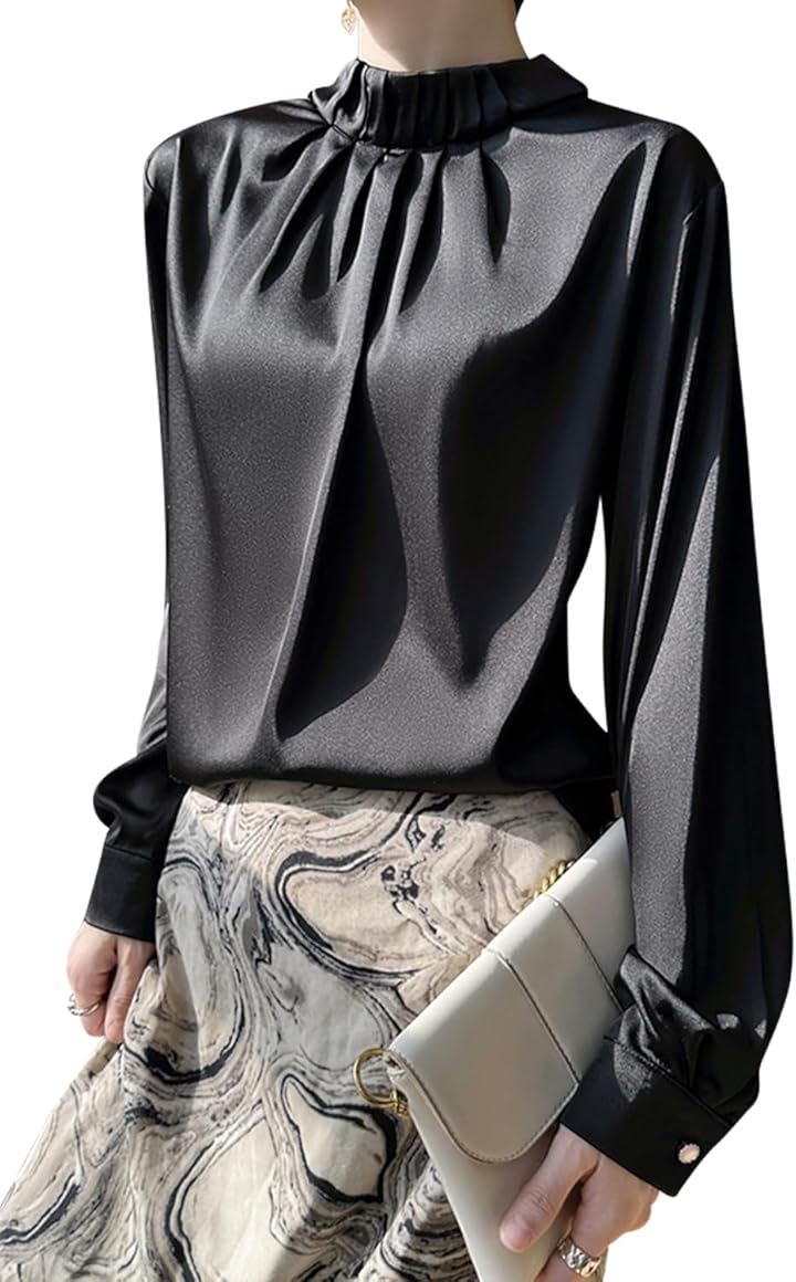 ブラウス レディース シャツ 長袖 プルオーバー サテン シルクタッチ 光沢 エレガント(ブラック, L)