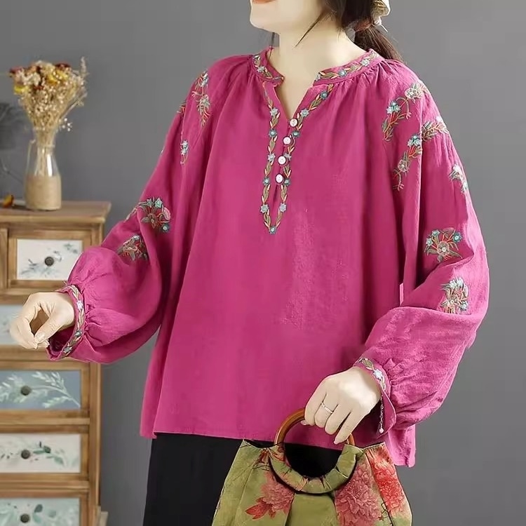 トップス ブラウス 長袖 Vネック プルオーバー ショート丈 刺繡 可愛い かわいい 大人可愛い きれいめ シンプル 上品 おしゃれ かっこいい カジュアル こなれ感 個性的 主役級 存在感 レトロ