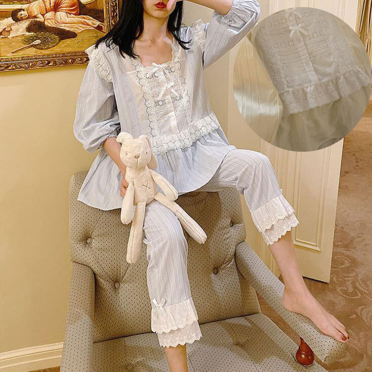 【本日限定】レディースパジャマ 可愛いパジャマセット 長袖 綿パジャマ 欧風部屋着 お姫風ルームウェア　上質感 ナイトウェア 上下セット レースパジャマ 天使風 寝巻き 着心地いい 2色 S-LL