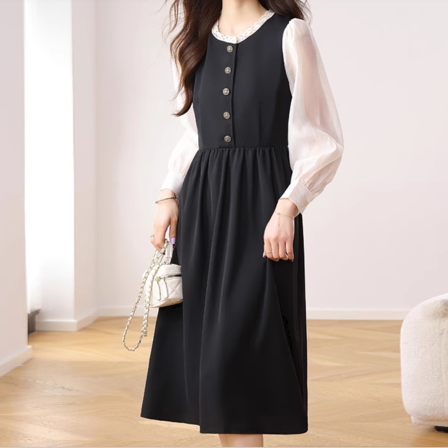 ワンピース 前開き 膝丈 ミモレ 長袖 モックネック 襟付き Aライン フェミニン タックプリーツ ウエストマーク ボタン かわいい 大人可愛い おしゃれ レトロ ガーリー 個性的 存在感 カントリー 8,160円