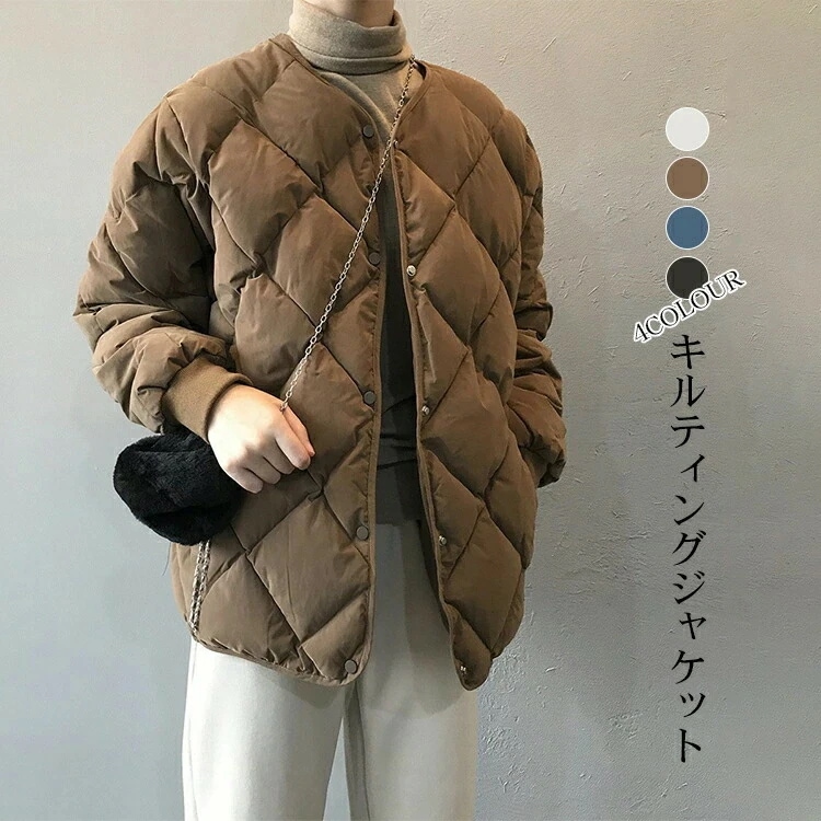 4色アウタージャケットホワイトブラックキルティング高見えライン楽ちん体型カバー春レディースダウンジャケットミドルショート中綿防寒おしゃれシンプルかわいい暖かい防寒着寒さ対策プレゼント