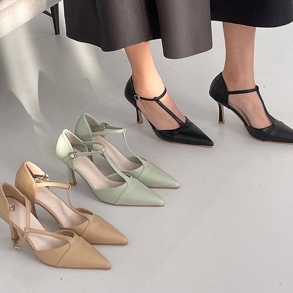 パンプス アンクルストラップ ポインテッドトゥ レディース 黒 ブラック ミント ベージュ