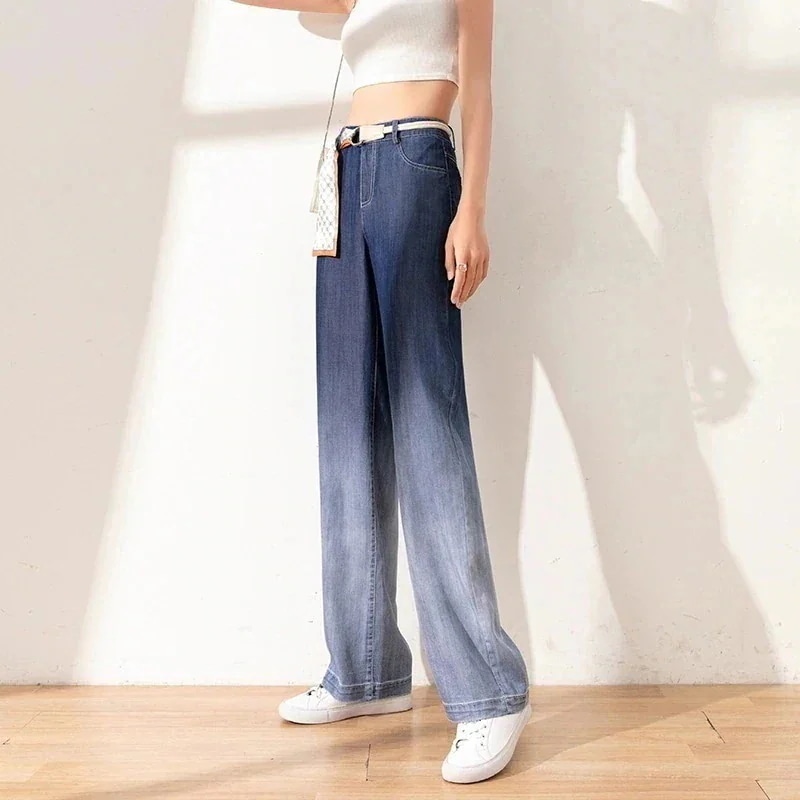 注目商品【早い者勝ちタイムセール】ストレートレッグ ゆったり 薄手 新作 アイスシルク テンセル 薄手 レディース ジーンズ ハイウエスト ワイドレッグ パンツ