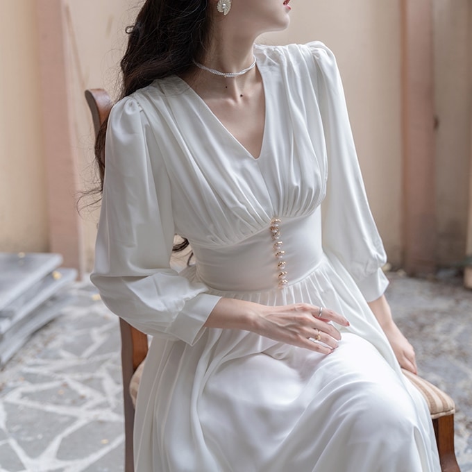 ドレス ワンピース パーティドレス Aラインドレス ワンピドレス ミモレ丈 ロング丈 長袖 バルーンスリーブ カシュクール Aライン ウエストマーク ハイウエスト 透け感 かわいい 大人可愛い