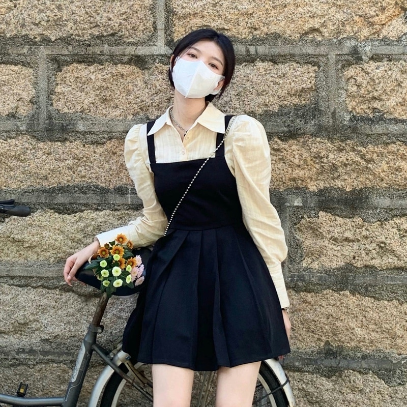 重ね着風 フェイク レイヤード ワンピース 韓国ファッション ベージュ ブラック ミニ丈 ショート丈 5,380円