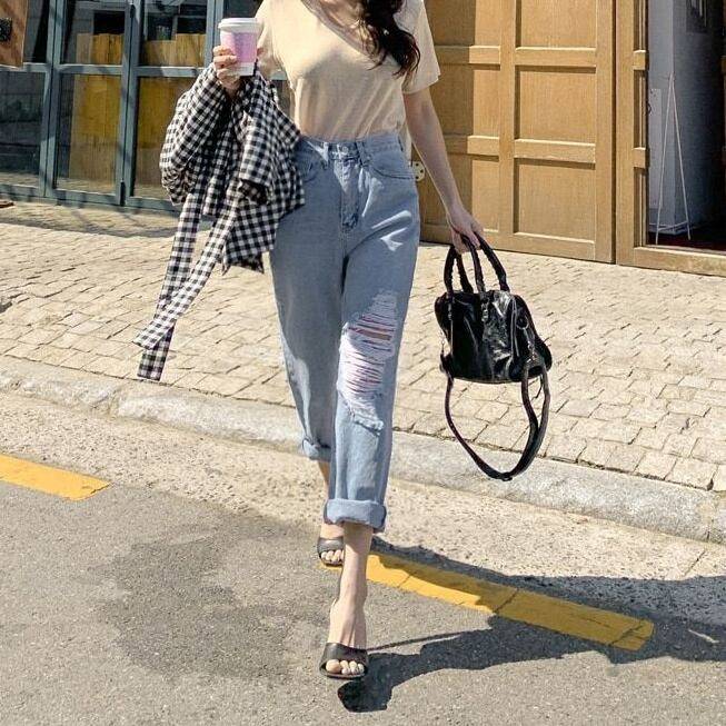 レディース ボトムス パンツ デニム デニムパンツ ストレート ジーンズ ジーパン ダメージ ダメージ加工 ハイウエスト 体型カバー ブルーデニム ブルー カジュアル 大人カジュアル カジュアルライク