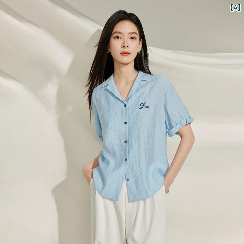 レディース　　シャツ　トップス クール リネン イン マン フランス 高級 シワ 加工 シャツ 2025 夏 ブルー 半袖