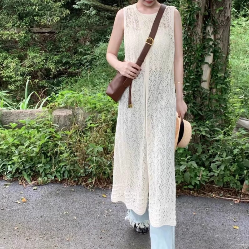 レディース トップス シャツ ブラウス ベスト サマーセーター サマーニット ロング 袖なし ノースリーブ ラウンドネック レース レースアップ 透け感 薄手 かわいい 大人可愛い きれいめ シンプル