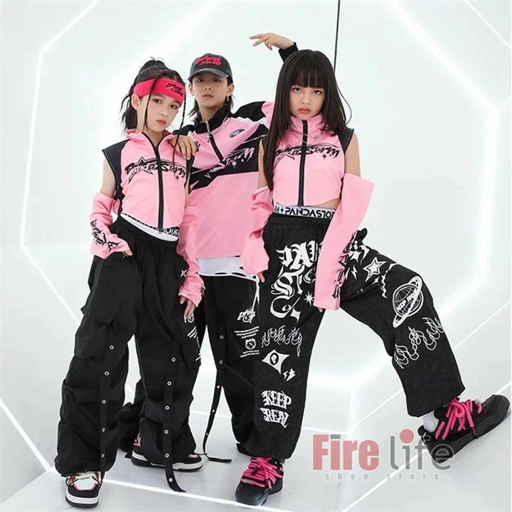 ダンスウェアセール ヒップホップ キッズダンス衣装 チアガール 派手 セットアップ へそ出しトップス ロング カーゴパンツ ピンク ブラック 個性的 韓国 子供ダンスウェア ジュニア ドラムダンス 応