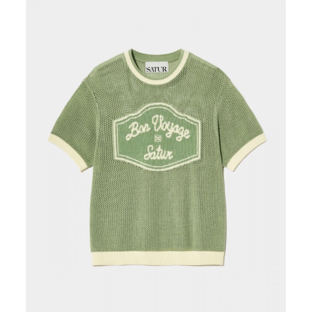 SATUR ボンボヤージュアートワークロゴクルーネックハーフニットセラドンミント