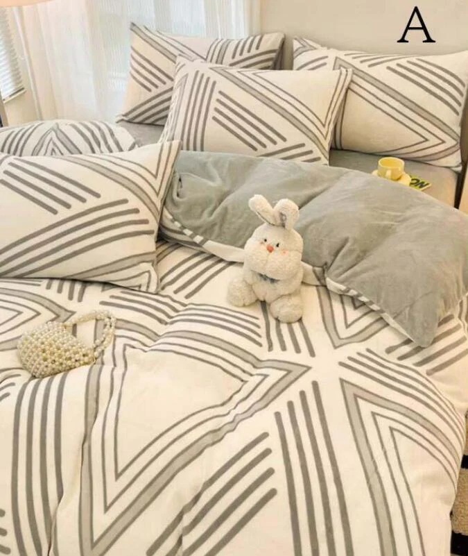 【タイムセール】の製品購入する店へのあらゆる種類の上品 寝具カバーセット 4点セット 北欧 ストライプ柄 幾何学 ダブル クイーン 秋冬 ふわふわ 暖かい 静電気防止 フランネル 掛け布団カバー フラ