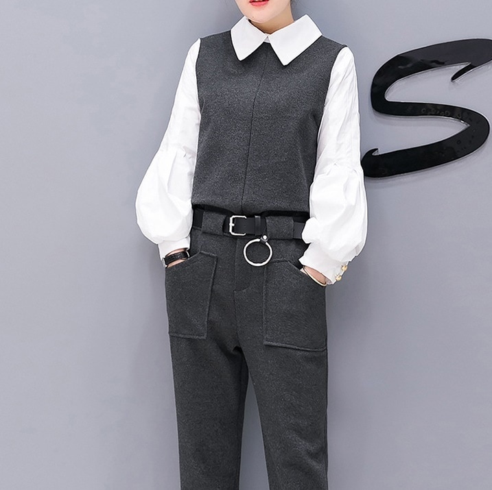 921.バイカラーシャツブラウス＆パンツセットアップ（グレー）