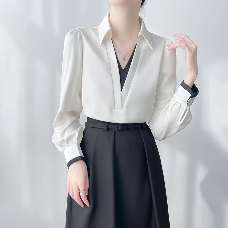 ブラウス サテン 通勤 アイボリー 黒 バイカラー 切り替え 重ね着風 シャツ レディース 秋冬 シャツ トップス ファッション オフィス ビジネス フォーマル