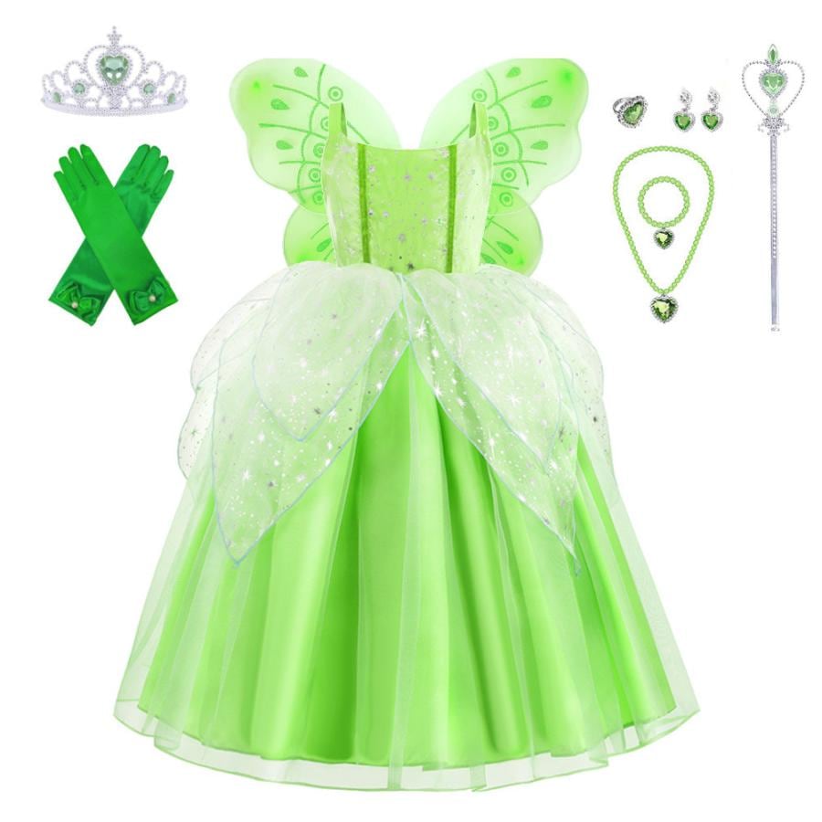 2024新作先行発売ティンカーベル ドレス 子供 コスプレ 衣装 豪華９点 セット ( ドレス 妖精の羽 手袋 ティアラ ステッキ ネックレス イヤリング など) 100 110 120 130 14