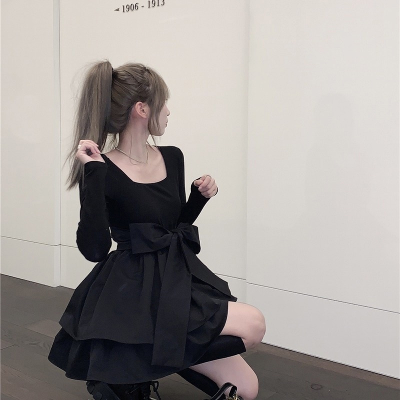 【1つ買うと10つ無料】黒いウエスト小さな黒いスカートドレス女性の春と秋のドレスは細いスリムスカートプリンセス気質スカート