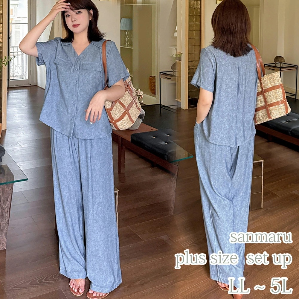 大きいサイズ セットアップ パンツスーツ サマースーツ 襟付きＶネック 半袖 胸フラップ飾り ウエストフロントフラット バックゴム ベルトループ付き フルレングス ワイドパンツ ブルー LL 3L 4