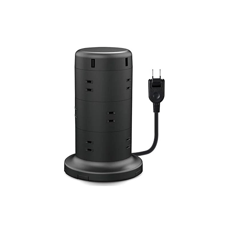 【即納】エレコム 電源タップ タワー型 延長コード [ 12個口 & USB×5ポート ] 固定パーツ付 雷ガード ほこりシャッター 2m ブラック ECT-0720BK